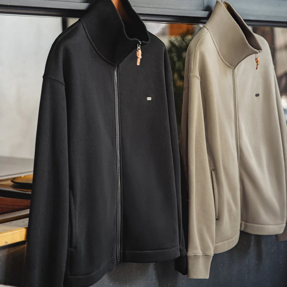 Maden Men's High Neck Warm Jacket Polar Fleece Lining Thickened Coat Casual Sports Style Cardigan Sweater Vintage Tennis Jacket