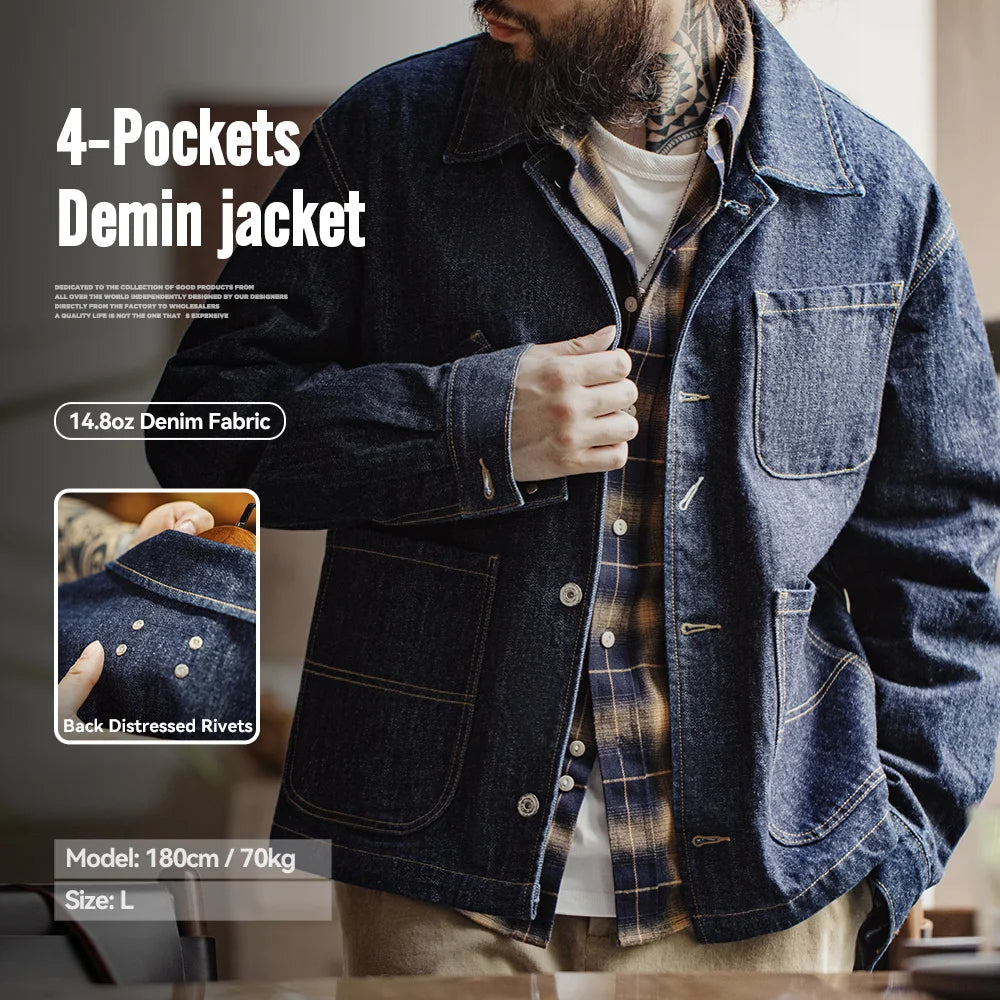 Maden Retro Four-pocket 14oz Jacket Lapel Single-breasted Denim Jacket Navy Blue Cotton Work Coat for Men's Autumn Solid Tops