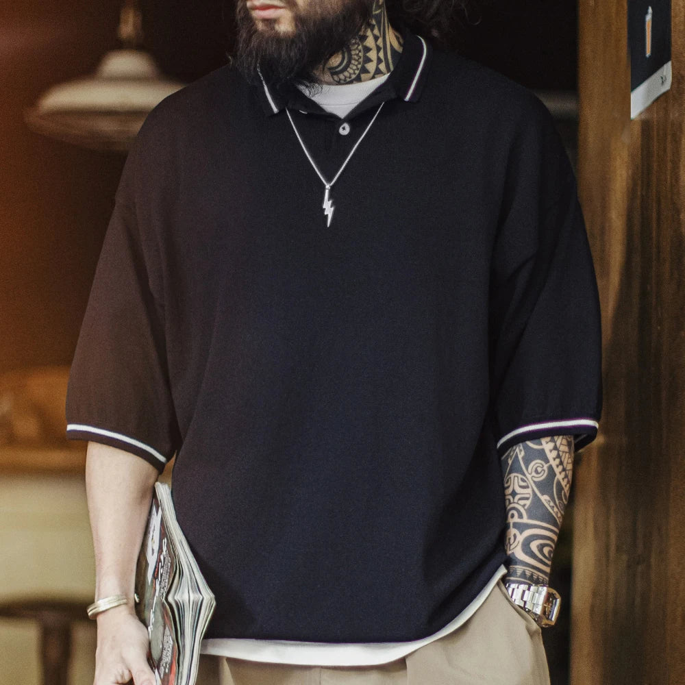 Maden Casual Color-Block Striped Short Sleeve Polo Shirt Men's Summer Black Tee Loose Fit Business Tee Breathable Office Tops