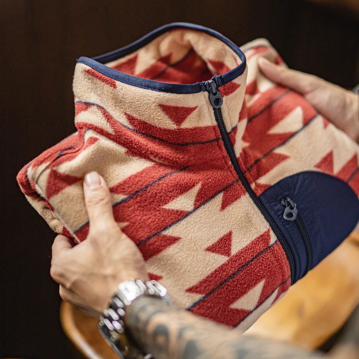 Maden Men's Vintage Navajo Polar Fleece Jacket Stand Collar Zip-Up Patchwork Sweatshirt Warm Cardigan for Spring and Autumn Coat