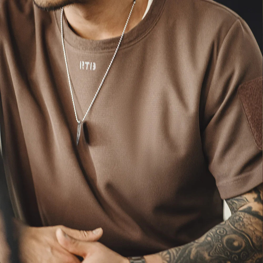 Maden Men's Short Sleeve T-Shirts with Badge attaching Design Breathable Sweat wicking Training Tees Casual Tops for Summer