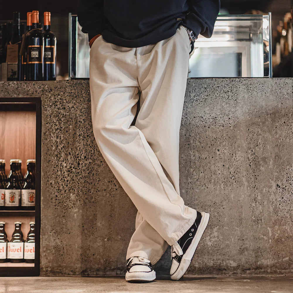 Maden Retro White 10.9OZ 100% Cotton Denim Jeans Cleanfit Loose Casual Elastic Waist Pants for Men's Spring And Autumn Trousers