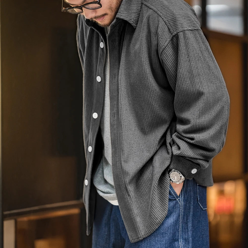 Maden Vintage Jacquard Knit Long Sleeve Shirts for Men Oversized Drop Shoulder Blouse Soft Corduroy Shirt Solid Color Jacket