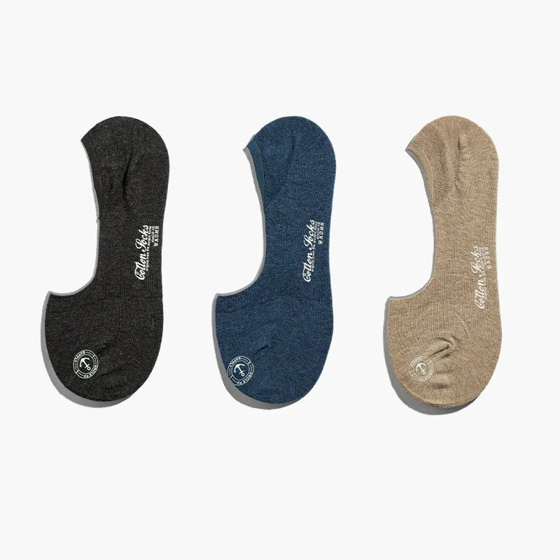Maden Men’s 3 Pack Pair Summer Cotton Socks Boat Non-Slip Silicone Invisible Boat Socks Ankle Socks White Khaki Blue