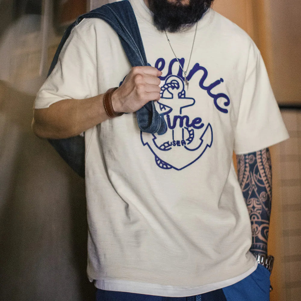 Maden Vintage Embroidered Short Sleeves T-Shirt Men's Summer Beige Slub Cotton Crew Neck Tee Heavyweight Loose Breathable Tops