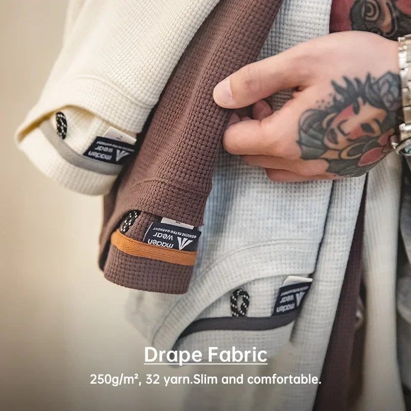 Maden Summer Men's O-Neck Waffle T-Shirt Solid Color Short Sleeve Top Comfortable and Breathable Tees Off White Soft T-shirts