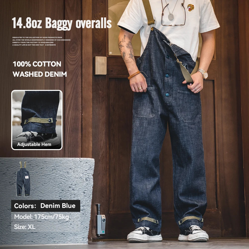 Maden Workwear American Vintage Deck Strap Pants Spring and Autumn Wash Denim Red Ear Straight Leg Jeans Men's Fashion