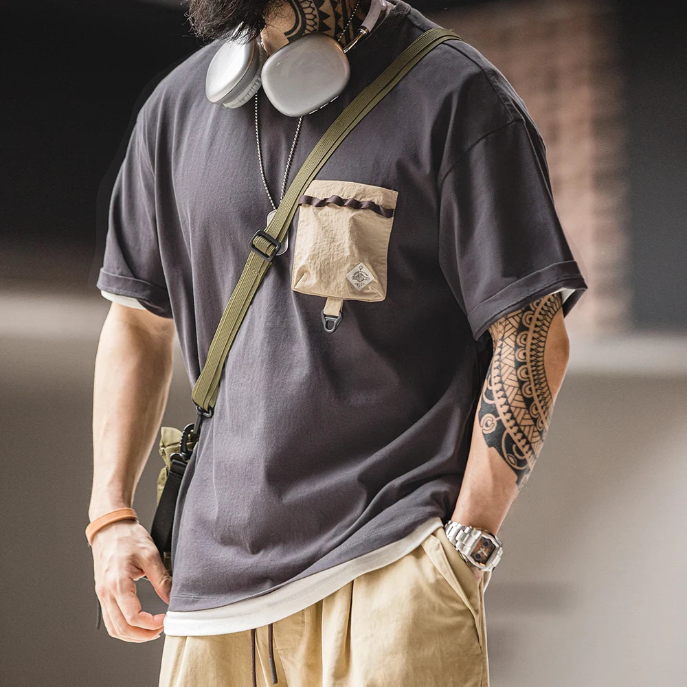 Maden Casual Outdoor Spliced Pocket Short Sleeve T-Shirt Men's Summer Loose Fit Breathable Round Neck Tee Comfortable Street Top