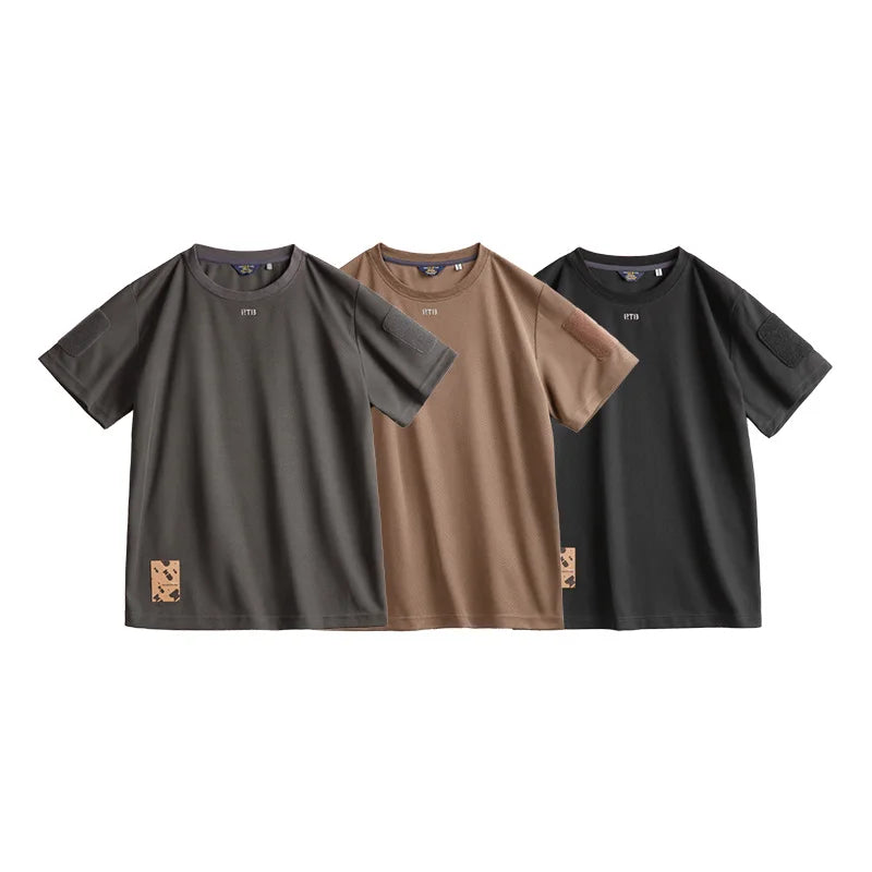 Maden Men's Short Sleeve T-Shirts with Badge attaching Design Breathable Sweat wicking Training Tees Casual Tops for Summer