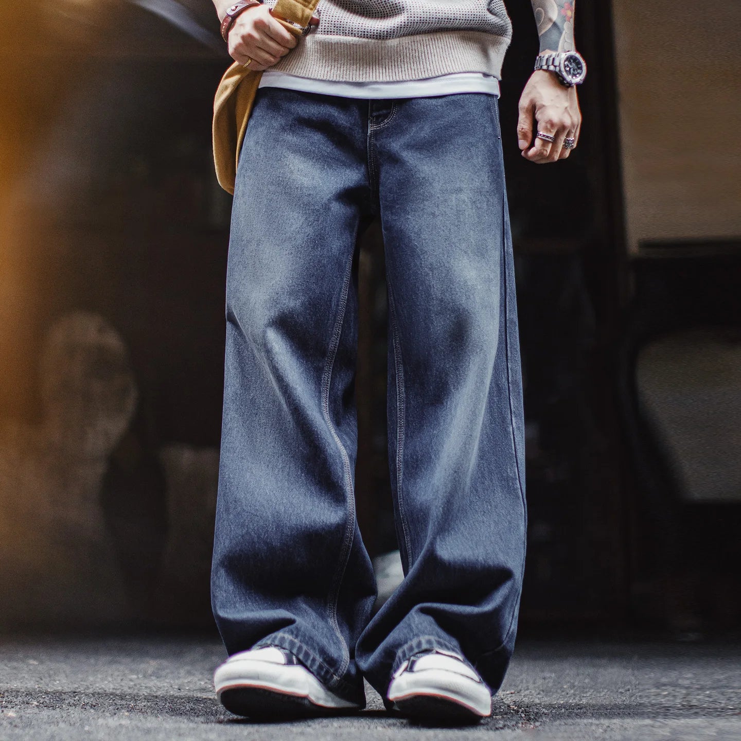 Maden Vintage Men's 13.9oz Baggy Jeans Washed Blue Wide-Leg Denim Pants Zip Fly Casual Trousers with Draped Hem for Fall Winter