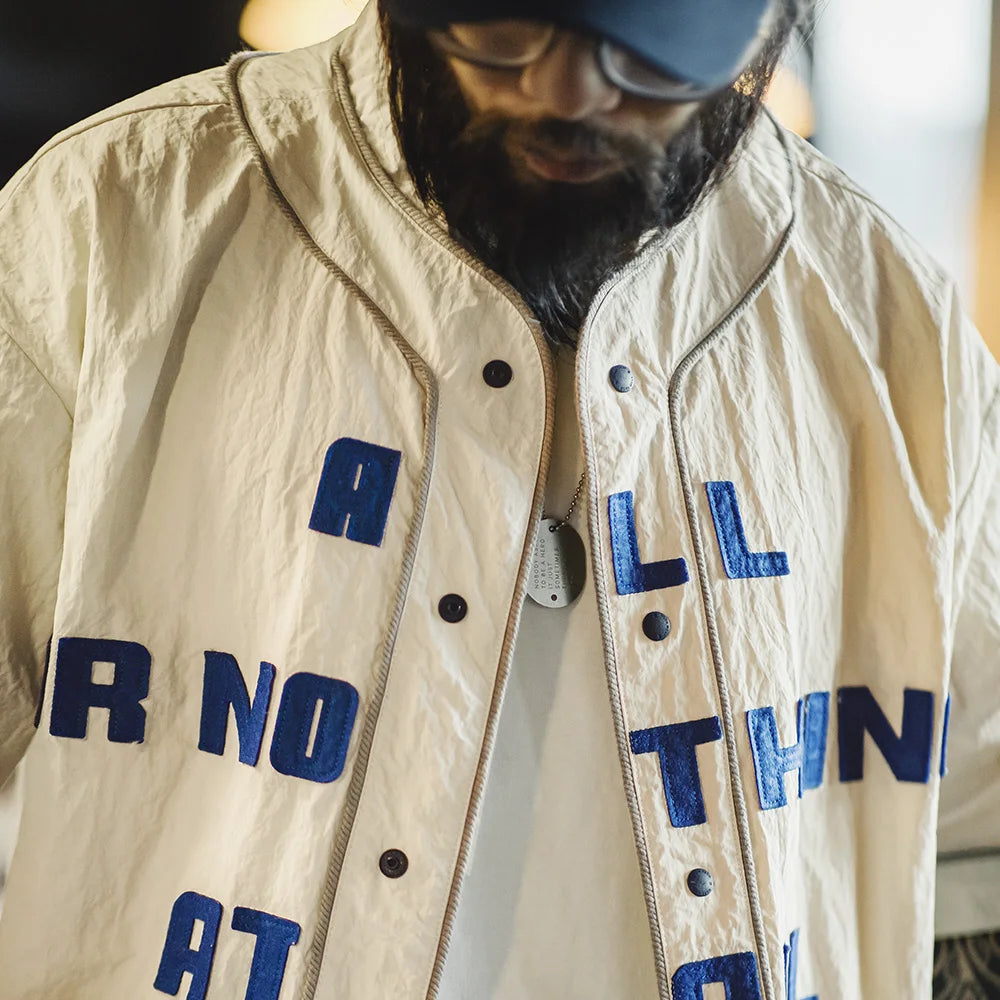 Maden Retro Wrinkled Baseball Collar Shirt Vibe Sports Letter Short-sleeved Cardigan Shirt for Men's Summer Tops