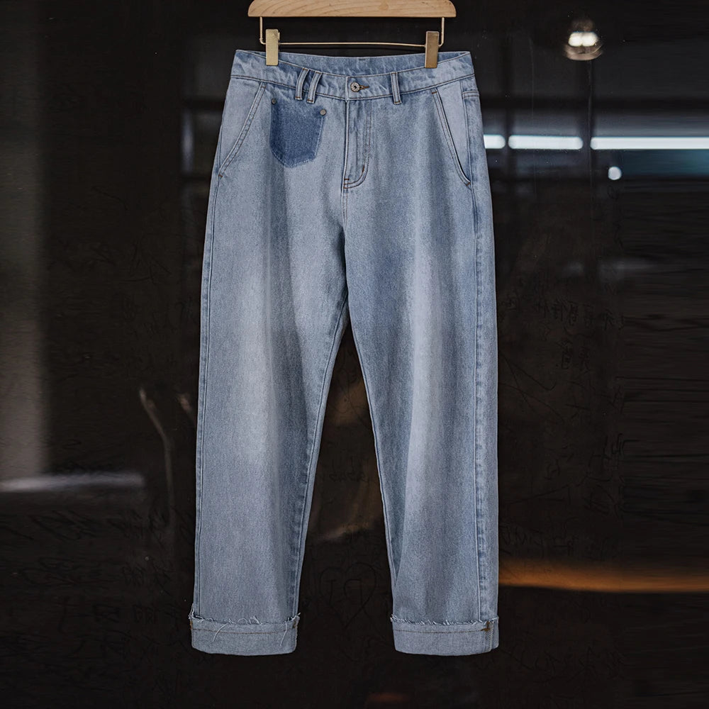 Maden Washed Light Blue Denim Jeans Cotton Raw Edge Straight Solid Casual Trousers for Men with Zipper Access Control Design
