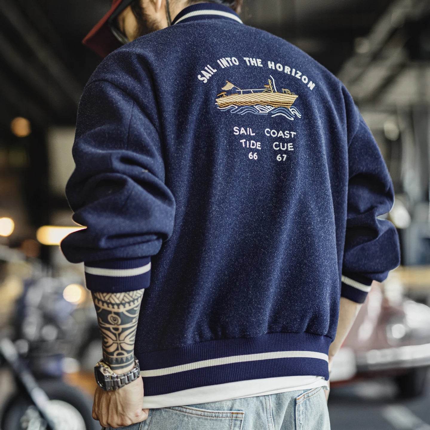 Maden Vintage Men's Blue Baseball Jacket Contrast Embroidery Knit Varsity Coat Short Zip-up Outerwear for Fall Winter Streetwear