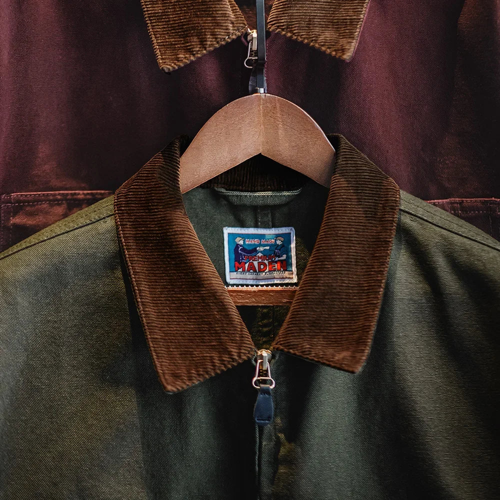 Maden Retro Heavyweight Canvas Detroit Jacket Corduroy Collar Hunting Short Zip-Up Jacket with Pockets Men's Autumn Outerwear
