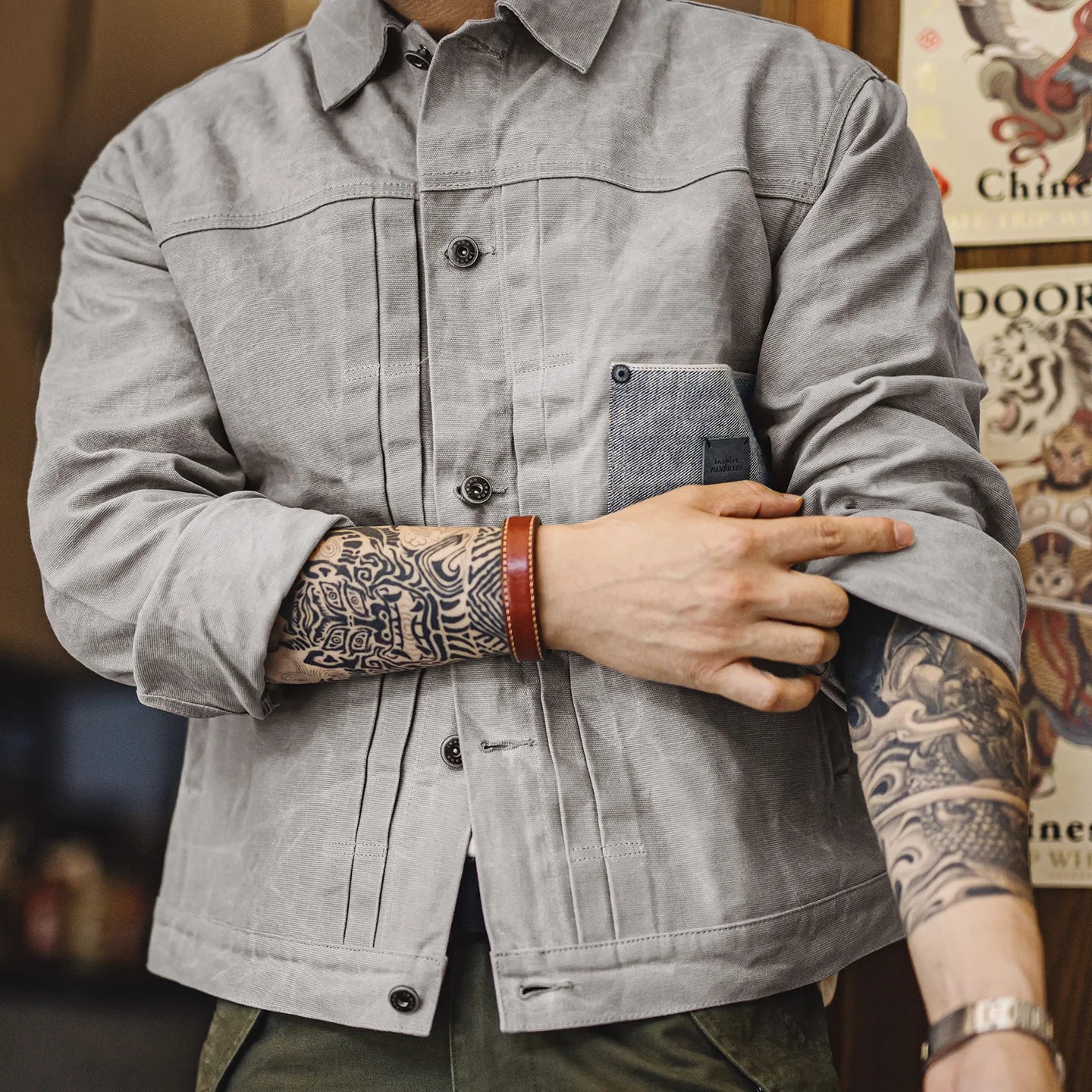 Maden Men's Vintage Oil Waxed Jacket V Waterproof Hunting Coat Double Pleats Grey Canvas Outwear with Patch Pockets for Autumn