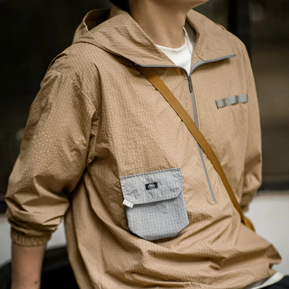 Maden Outdoor Half-Zip Pullover Sweatshirt Jacket Loose Fit Plaid Color Block Lightweight Hoodie with Pocket Men's Autumn Top