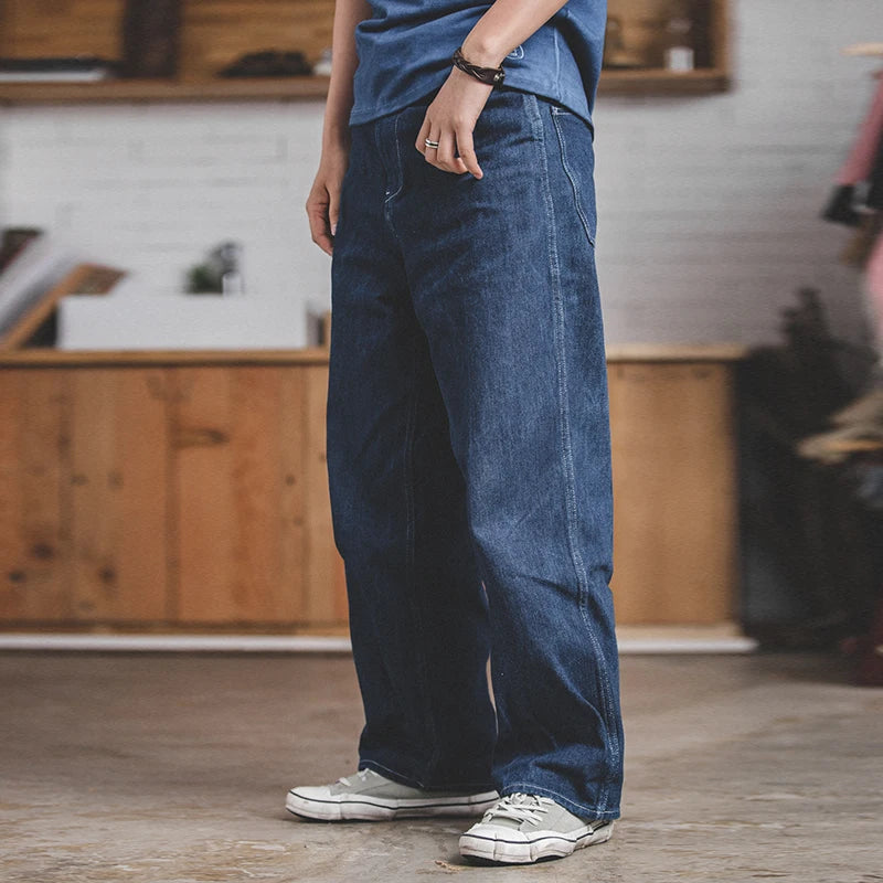 Maden Work Attire Retro Wide Leg Pants Dark Blue Oversize Loose Fitting Straight Tube Denim Long Pants Men