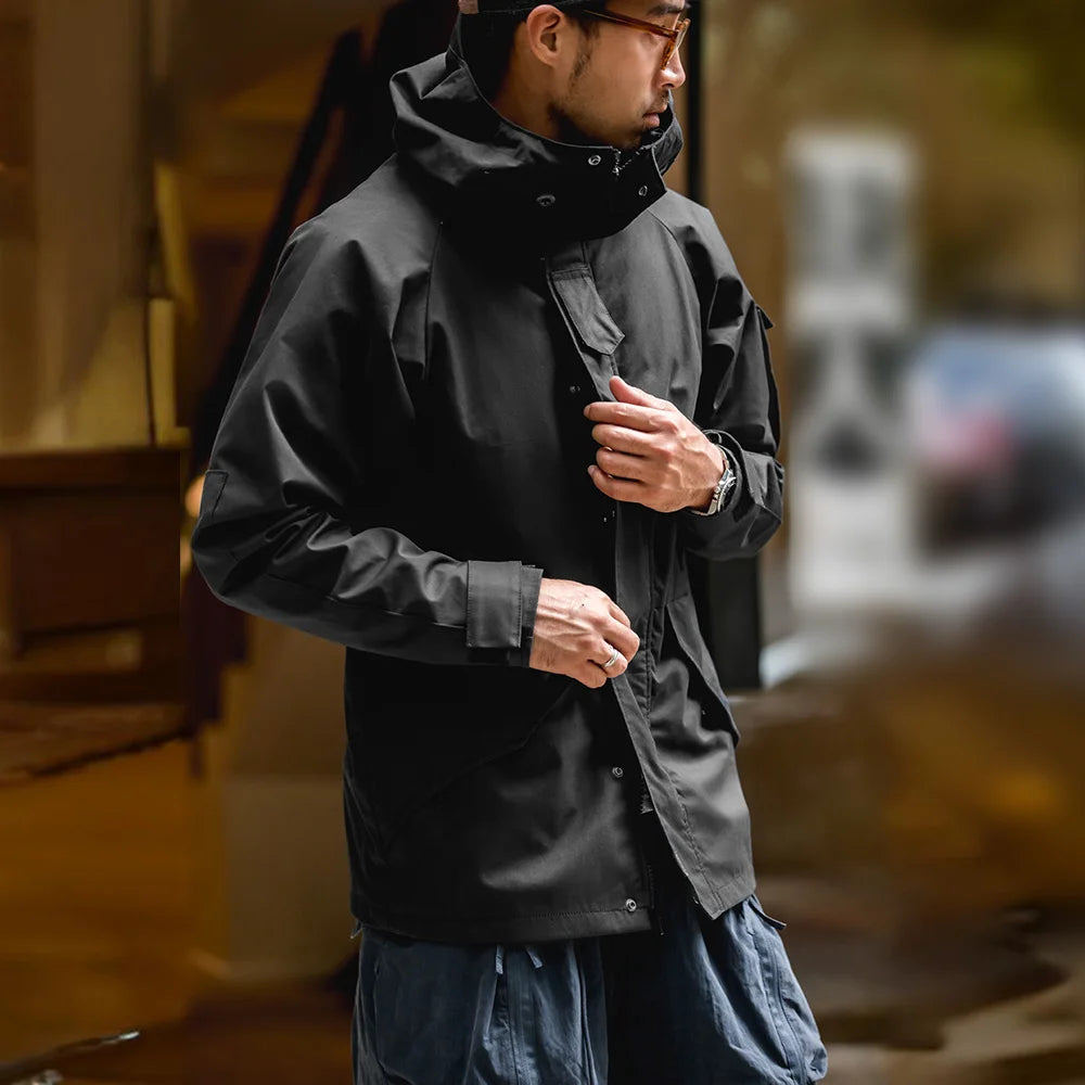 Maden Men Black Outdoor Sports Hooded Jacket Windbreaker Motorcycle Style Outwear Mid-length with Multi-pockets Coat for Autumn