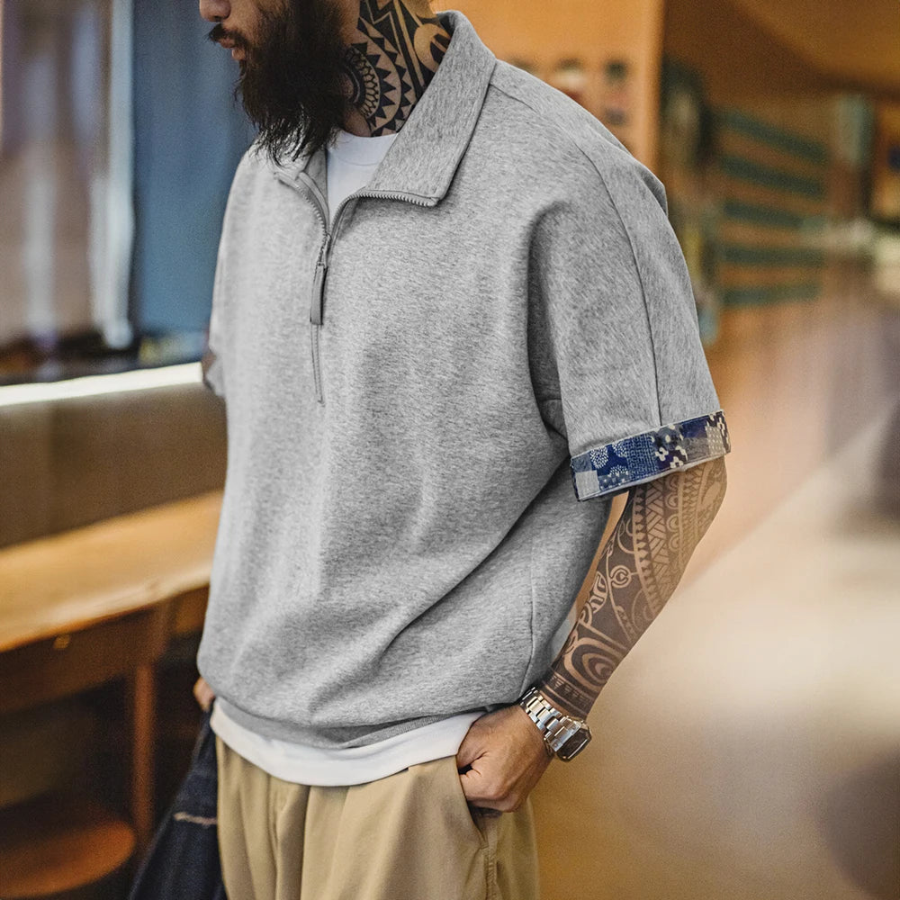 Maden Vintage Boro Style Half-Zip Short Sleeve Polo Shirt Men's Summer Indigo Dyed Printed Loose Collar T-Shirt Casual Gray Tops