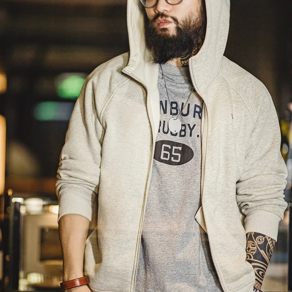 Maden Gray Hooded Sweatshirt for Men Polar Fleece Lining Thickened Warm Zippered Sports Cardigan Autumn and Winter Outer Jacket