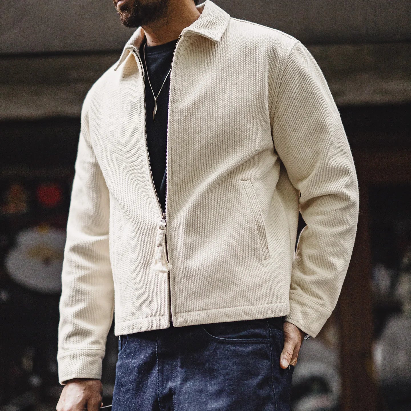 Maden Men's Vintage White Jacket Heavyweight Cotton Turn-Down Collar Zip-Up Short Outwear Canvas Fitted Fit Spring Autumn Coat