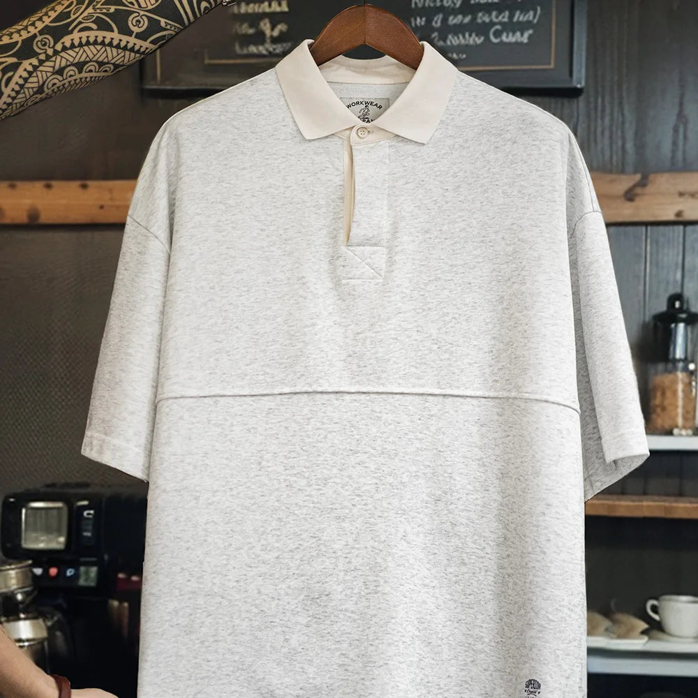 Maden Men's Knitted Short-sleeved T-shirt Heather Gray Color Polo Shirt Patchwork Pure Cotton Collar Summer Loose Fit Tee Tops