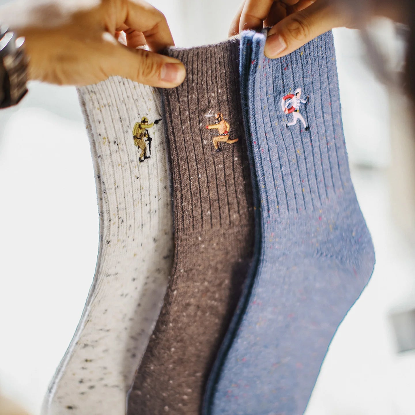 Maden 3Pairs Men‘s Wool Blend Mid-Calf Socks Heather Effect Vintage Embroidered Warm Socks Ribbed Knit Sock for Autumn Winter