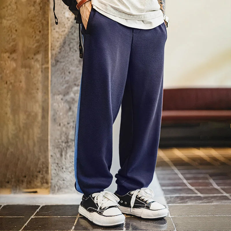 Maden Men's Vintage Contrast Navy Blue Jacket Waffle Knit Training Jacket Breathable Stand Collar Outwear for Spring Fall