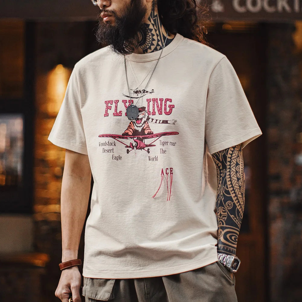 Maden Retro Tiger Print Short Sleeve T-Shirt Men's Summer Loose Apricot Round Neck Tee Embroidered Letter Fringe Casual Tops