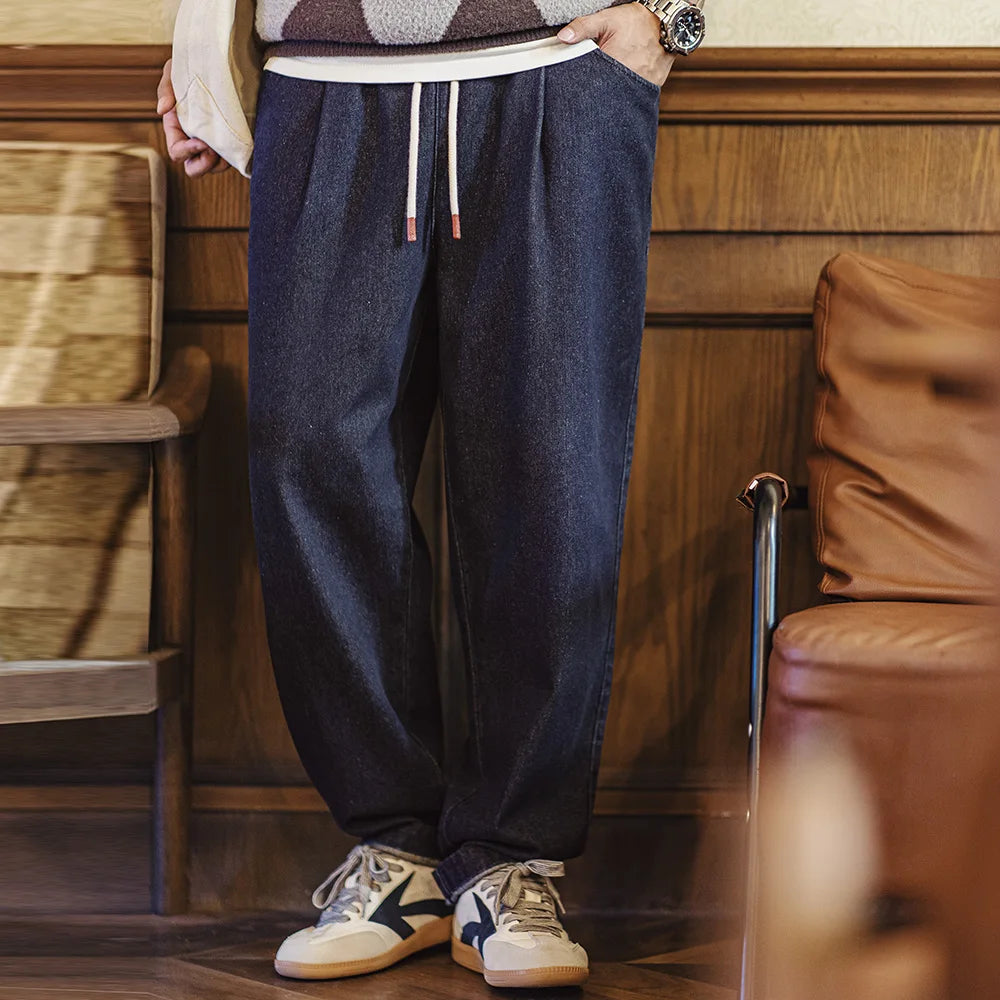 Maden Casual 10oz Jogger Denim Jeans with Elastic Waist Drawstring Washed Straight Trousers for Men's Spring and Autumn Pants