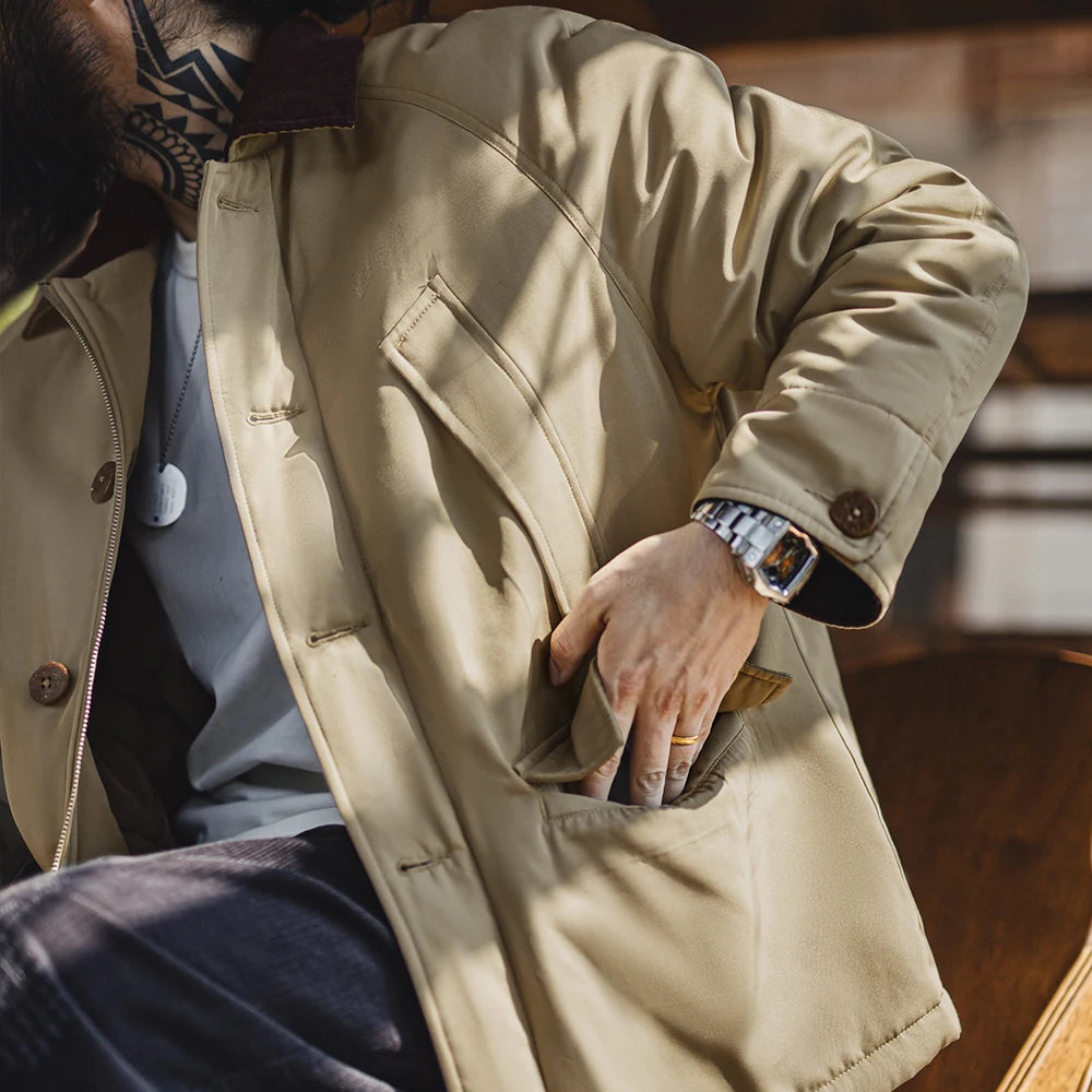 Maden Vintage Corduroy Collar Cotton Padded Safari Jacket Thickened Warm Coat for Men's Fall and Winter Versatile Overcoat