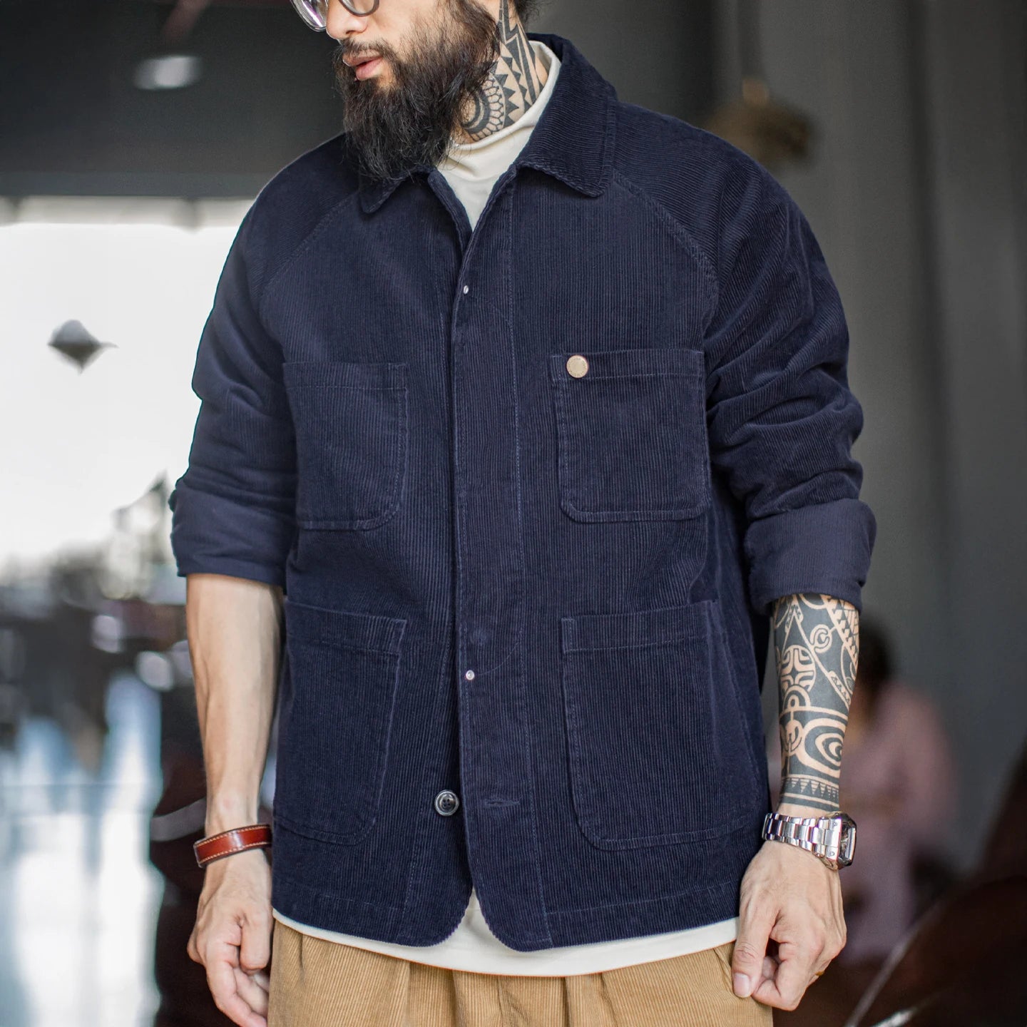 Maden Men's Vintage Corduroy Safari Jacket Navy Blue Lightweight Hunting Coat with 4 Pockets Single-Breasted Spring Fall Outwear