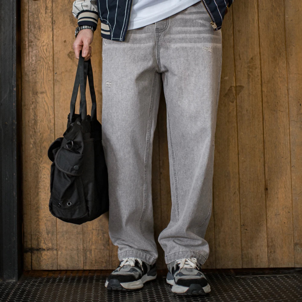 Maden Vintage Heavyweight Washed Gray Jeans Distressed Straight Leg Carpenter Pants Elastic Waist Casual Ripped Denim Trousers