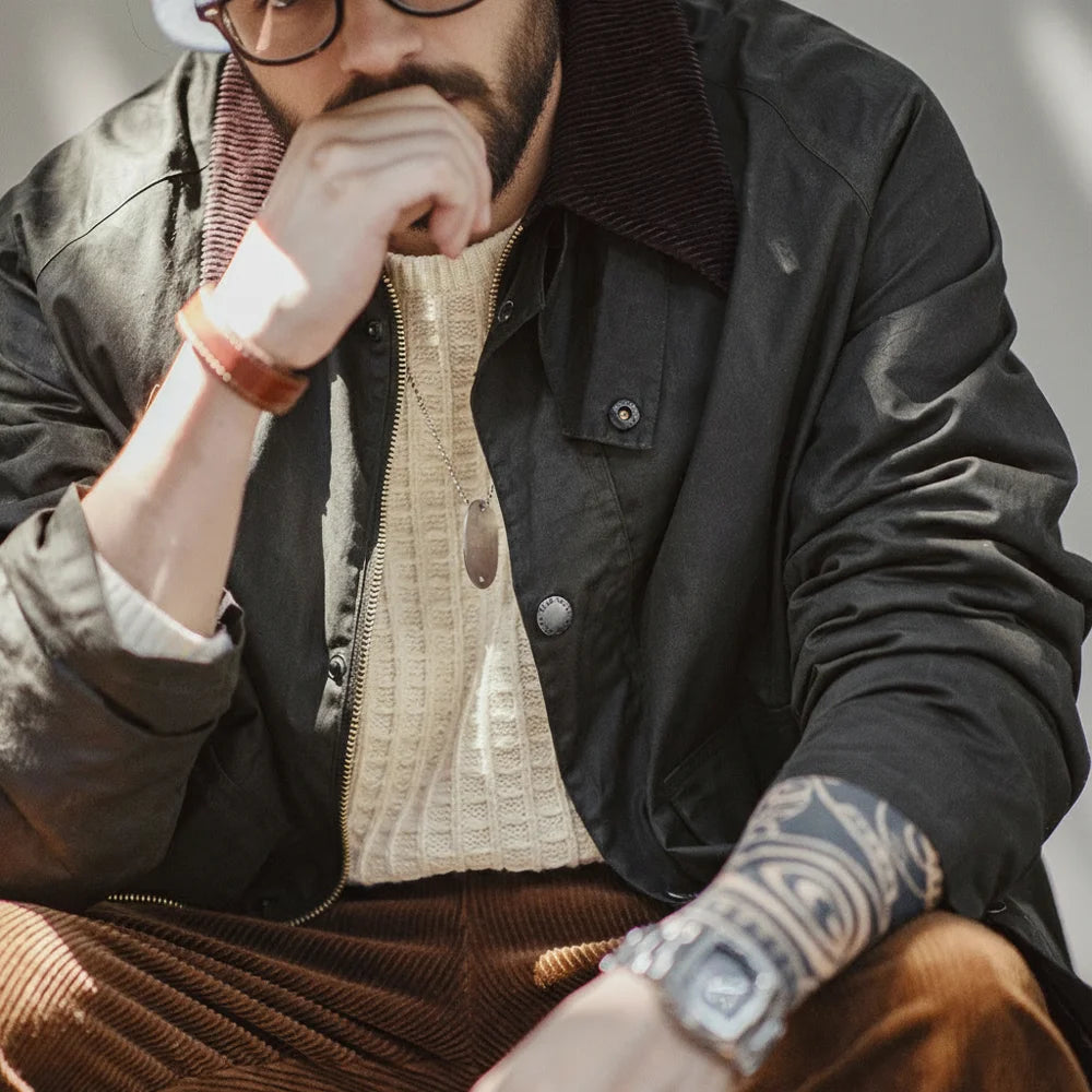 Maden Vintage Spey Waxed Fishing Jacket Distressed Outdoor Corduroy Collar with Pockets Coat for Men's Autumn Classic Overcaot