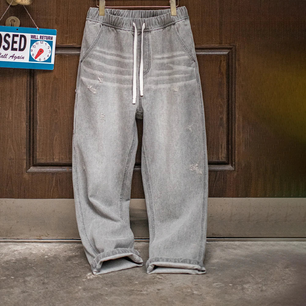 Maden Vintage Heavyweight Washed Gray Jeans Distressed Straight Leg Carpenter Pants Elastic Waist Casual Ripped Denim Trousers