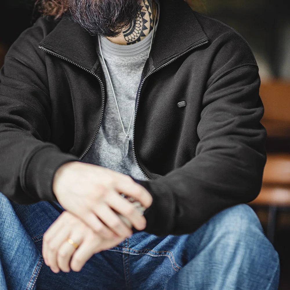 Maden Men's High Neck Warm Jacket Polar Fleece Lining Thickened Coat Casual Sports Style Cardigan Sweater Vintage Tennis Jacket