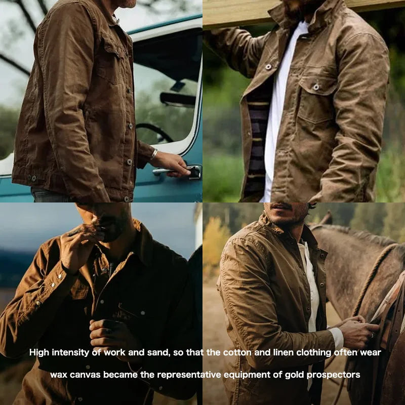 Maden Retro Heavyweight Canvas Oil Waxed Jacket Cotton Waterproof Hunting Coat Male Spring Khaki Casual Work Safari Style Jacket