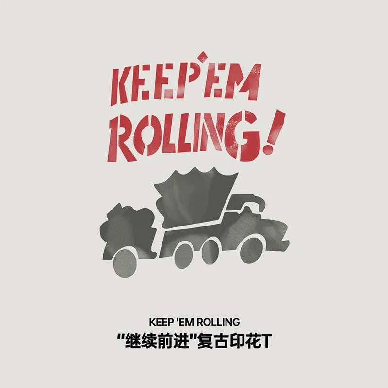 Maden Maden Summer Men's Beige Short Sleeve T-Shirts Vintage Graffiti Letter Car Print Tees Heavyweight Casual  Tops for Men