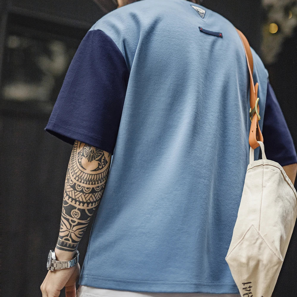 Maden Vintage Color-Block Short Sleeve T-Shirt Men's Summer Loose Fit Ribbed Crew Neck Tee Casual Street Tops for Daily Outfits