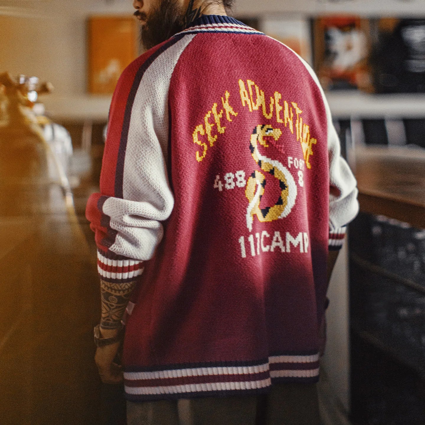 Maden Vintage Yokosuka Embroidered Jacket Men's Jacquard Knitted Cardigan Thickened Warm Zippered Baseball Coat for Fall Winter