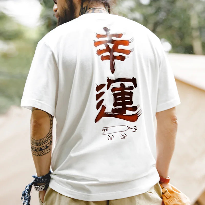 Maden Summer 100% Cotton Short Sleeve T-shirts for Men Color Change Lucky Flag Print Tees Casual Loose Fit White Tops