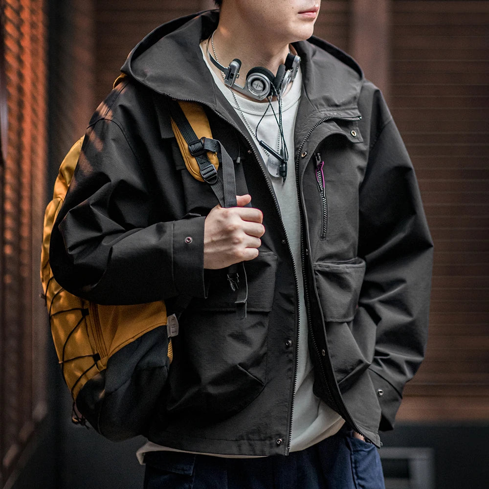 Maden Casual Multi-Pocket Functional Hooded Jacket Black Loose Outdoor Sports Coat for Men's Spring and Autumn Versatile Jacket
