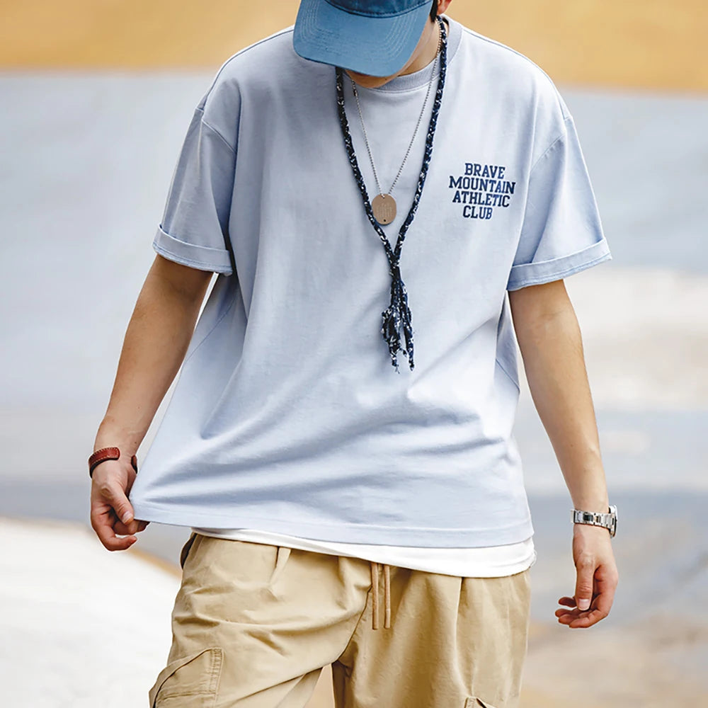 Maden Workwear Tee American Casual Macarone Short Sleeve T-shirt Flocking Letter Printing All Cotton Round Neck Top Men's Summer