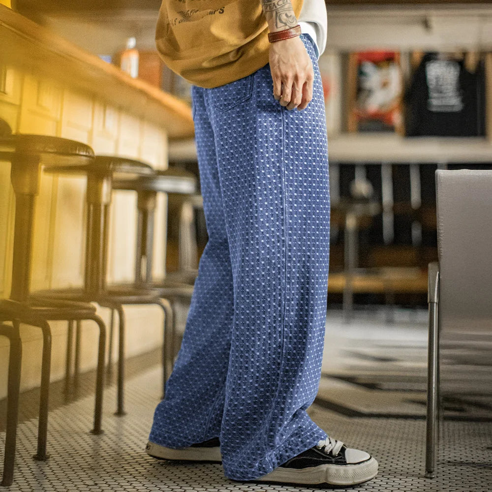 Maden Vintage Washed Blue Jeans Loose Fit Full Jacquard Denim Jeans Straight-Leg Elastic Waist Drawstring Trousers for Fall
