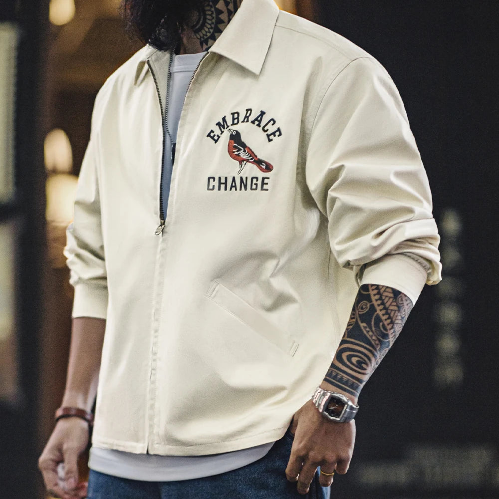 Maden New Vintage Embroidered Stadium Jacket Men's Spring Loose Fit Notch Lapel Zip-Up Outerwear Casual Cream Apricot Streetwear
