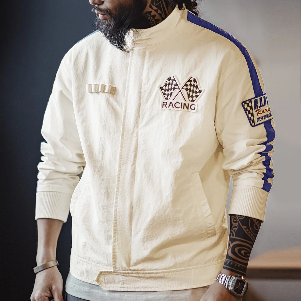 Maden Vintage Color Blocked Embroidered Racing Jacket Casual Baseball Collar Jacket Men's Spring Versatile Zip-up Outerwear