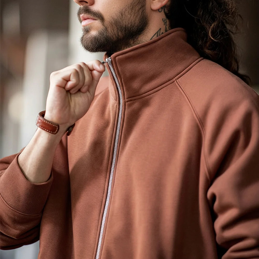 Maden Casual Polar Fleece Cardigan Sweatshirt Stand-up Collar Sports Zipper Jacket Warm Versatile Coat for Men's Fall and Winter