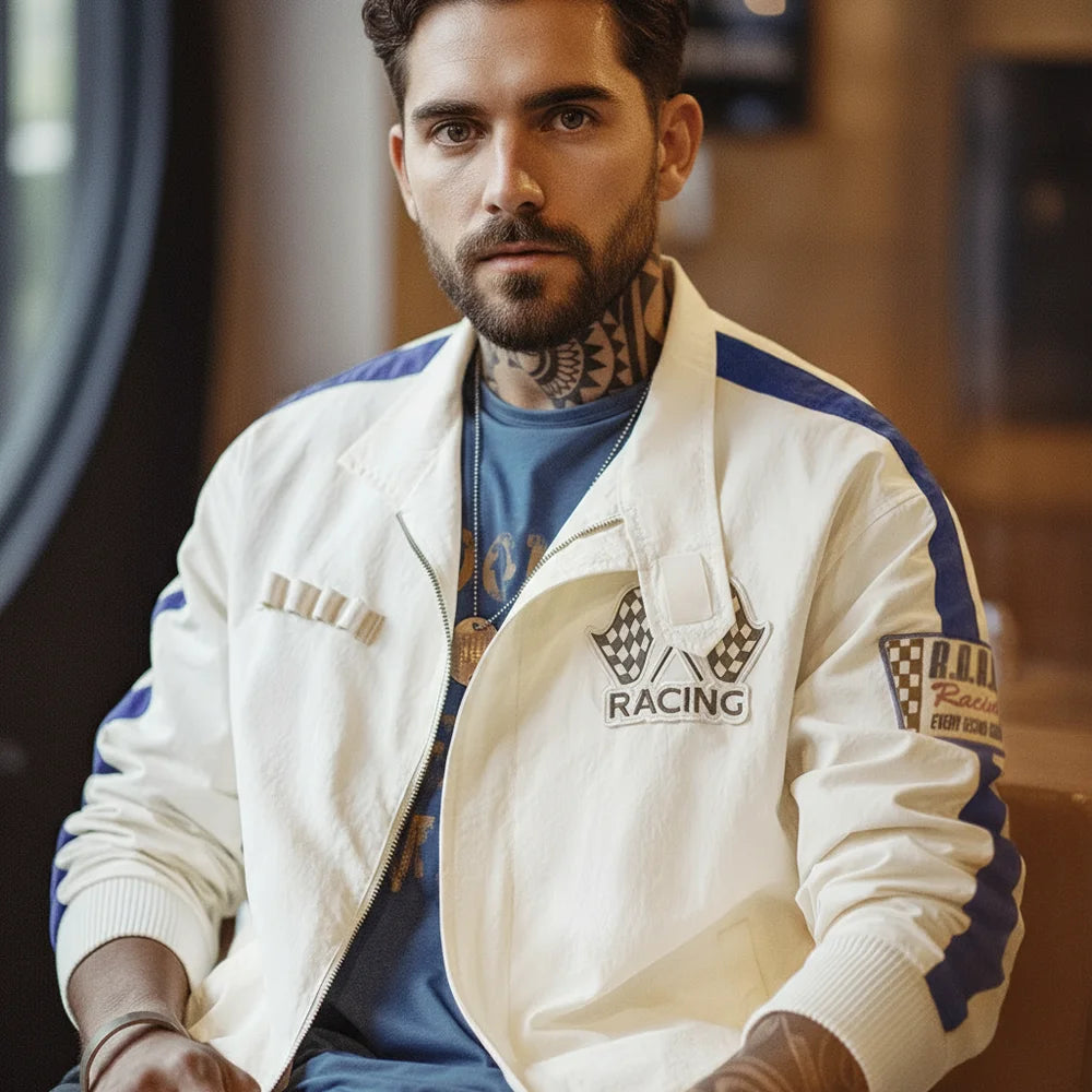 Maden Vintage Color Blocked Embroidered Racing Jacket Casual Baseball Collar Jacket Men's Spring Versatile Zip-up Outerwear