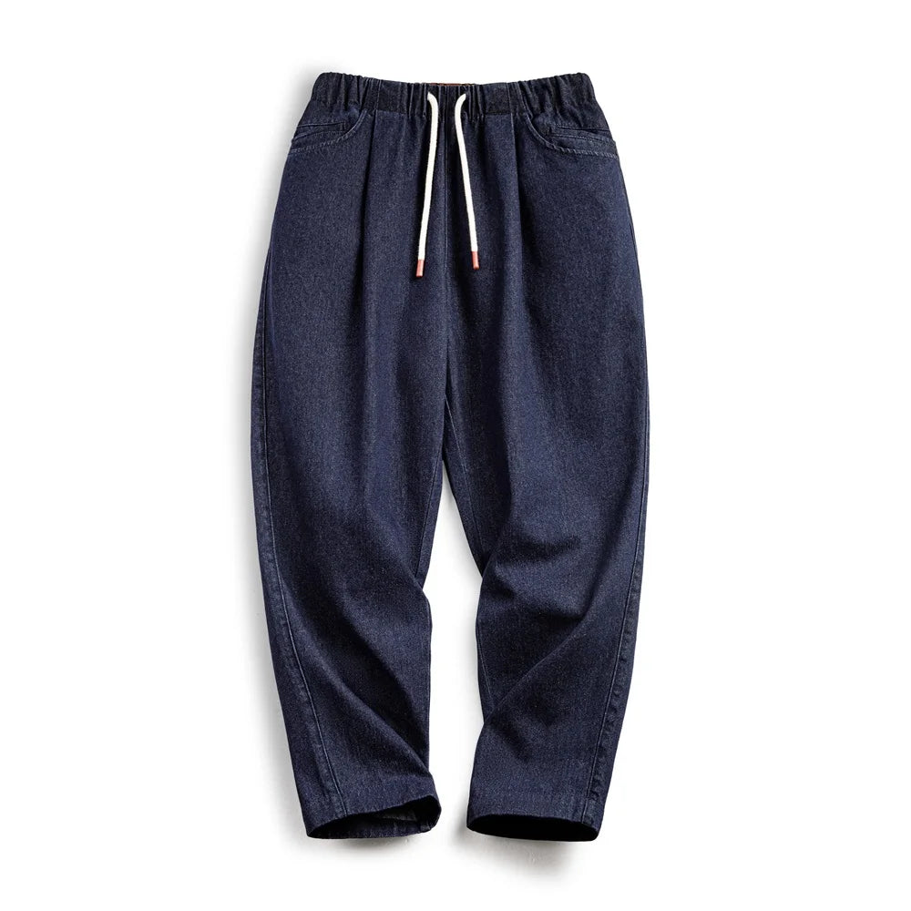 Maden Casual 10oz Jogger Denim Jeans with Elastic Waist Drawstring Washed Straight Trousers for Men's Spring and Autumn Pants