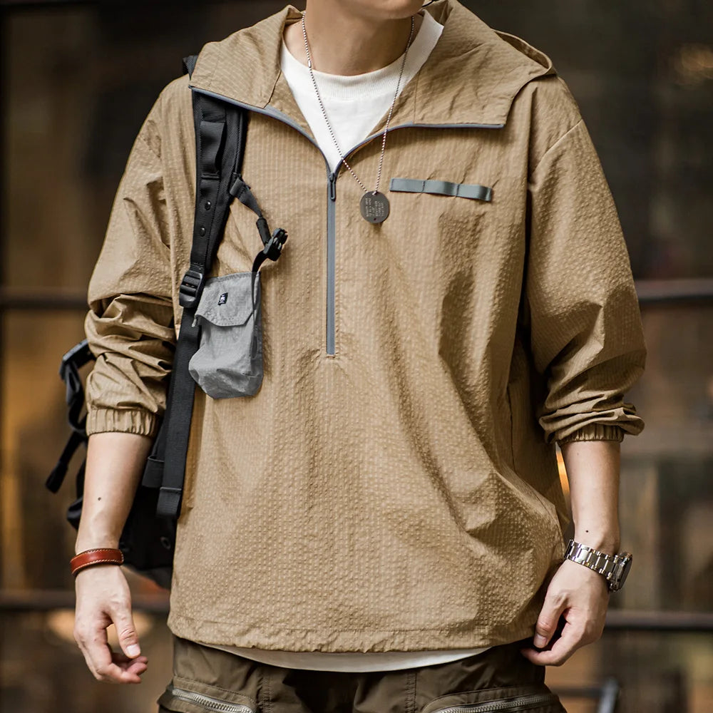 Maden Outdoor Half-Zip Pullover Sweatshirt Jacket Loose Fit Plaid Color Block Lightweight Hoodie with Pocket Men's Autumn Top